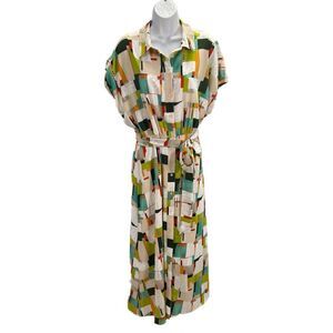 LDT Maxi Dress Women 12 Geometric Button Front Belted Stretch Pockets Career